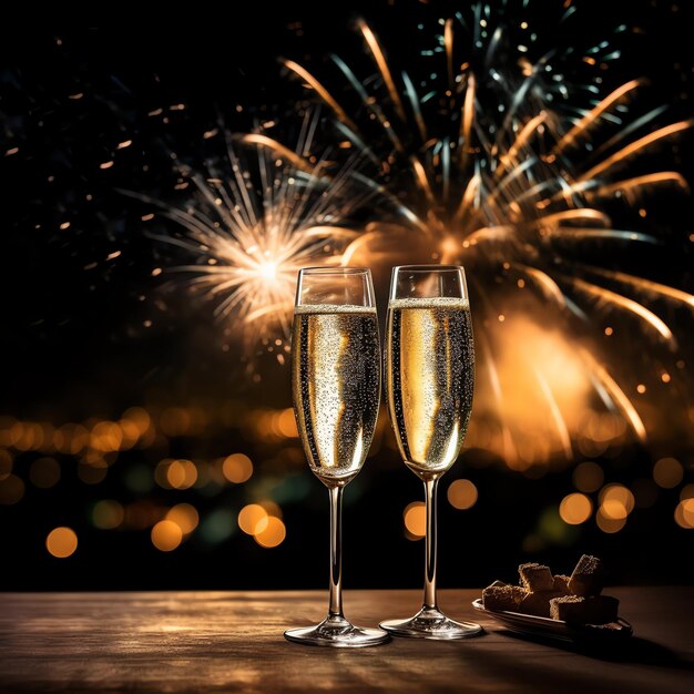 シャンパングラス ⁇ 花火やボケライトの背景でワインを飲む新年の夜の祝宴