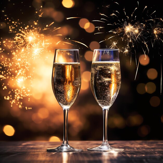 Champagne glasses drink wine with fireworks or bokeh lights background on new year night celebration