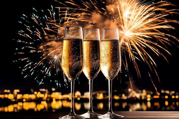 Foto bicchieri di champagne bere vino con fuochi d'artificio o luci bokeh sullo sfondo della celebrazione della notte di capodanno