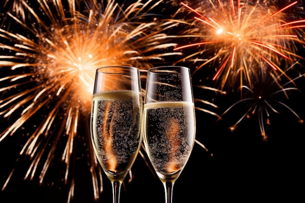 Champagne glasses drink wine with fireworks or bokeh lights background on new year night celebration