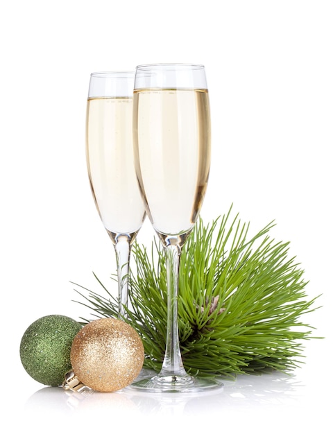 Champagne glasses firtree and christmas decor