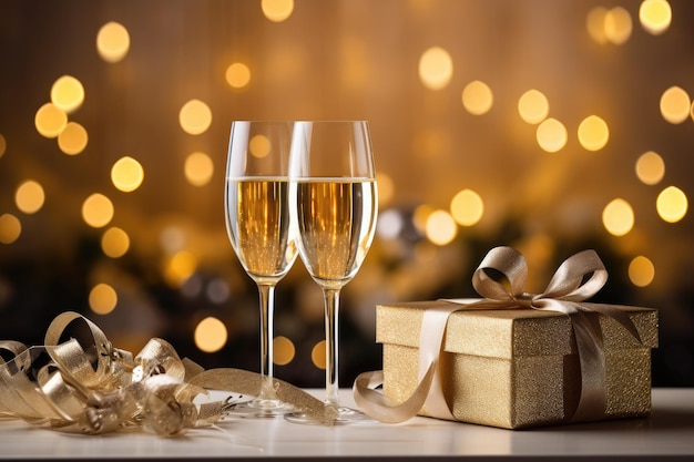 Champagne in glasses and gifts on gold background