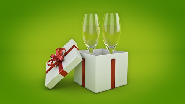 Champagne glasses and gifts ready to bring in the new year. 3d rendering