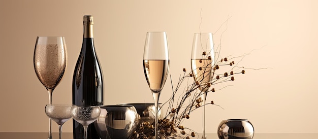 champagne glasses made of greytinted glass along with a bottle of champagne or sparkling wine