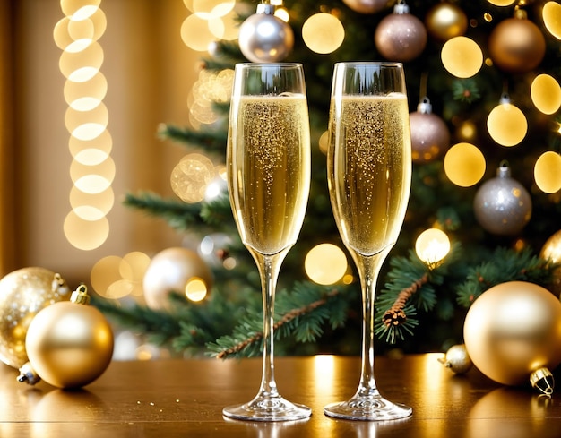 Photo champagne glasses on new year christmas celebration atmosphere background