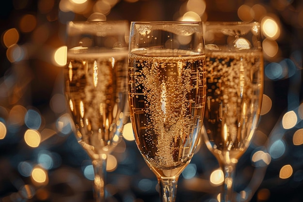 Champagne glasses sparkle against dark background adorned with lights