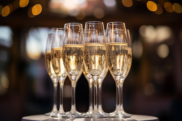 Champagne glasses on a table party background dark lighting