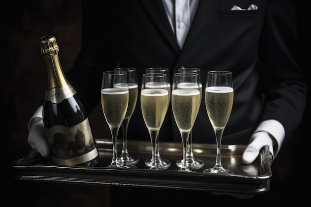 Champagne glasses on waiter tray at festive celebration outdoors Generative AI