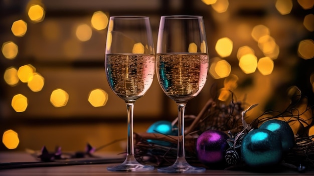 champagne glasses with blue bokeh light restaurant background