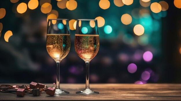 champagne glasses with blue bokeh light restaurant background