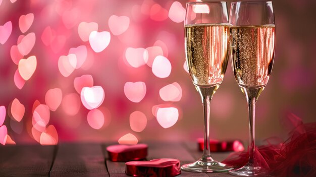 Champagne glasses with golden bubbles on heartpatterned bokeh background Valentines celebration concept Generative AI