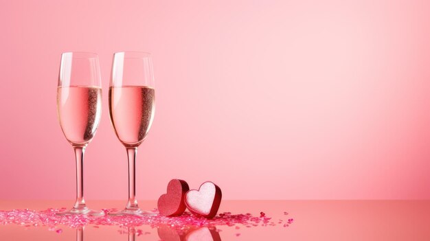 Шампанские бокалы с сверкающей жидкостью, сопровождаемые красными сердечными украшениями на отражающей розовой поверхности