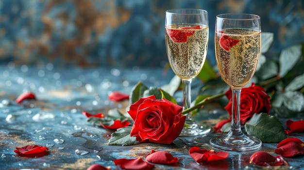 Champagne glasses with strawberries surrounded by red roses and petals