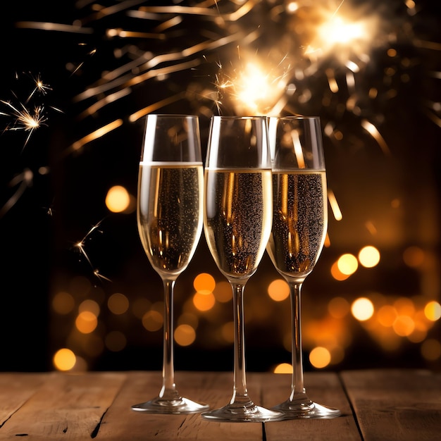 Champagne glazen drinken wijn met vuurwerk of bokeh lichten achtergrond op nieuwjaarsavond viering