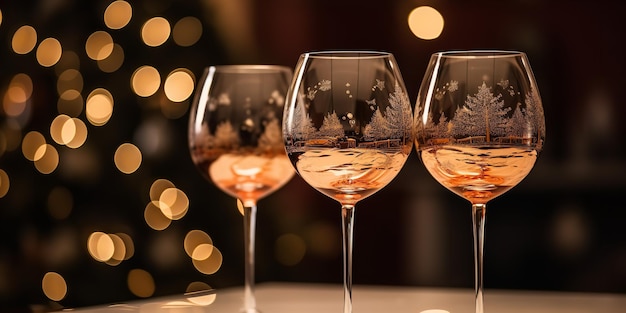 ボケ味の前に輝くキラキラ スパークリング ワイン グラスのボケ味の背景を持つ休日の応援のためのシャンパン ジェネレーティブ AI