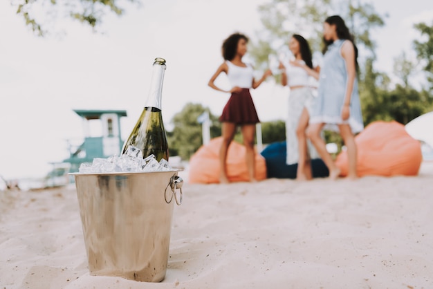 Amici del secchiello del ghiaccio di champagne che vanno in giro sulla spiaggia