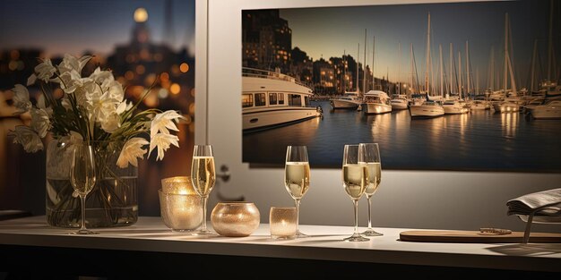 Foto champagne op een tafel terwijl boten's nachts in de stijl van gekromde