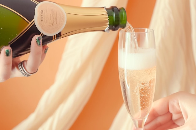 шампанское наливается из бутылки прозрачное стекло: один держит бутылку шампанского, другой держит бокал