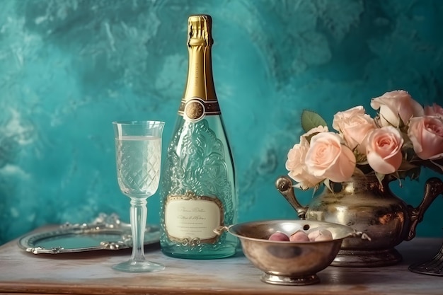 Champagne and roses elegant background Neural network AI generated