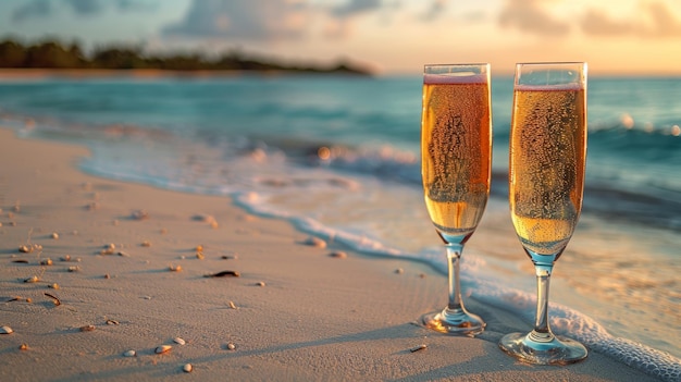 Foto brindisi allo champagne su una spiaggia tropicale ai generativa