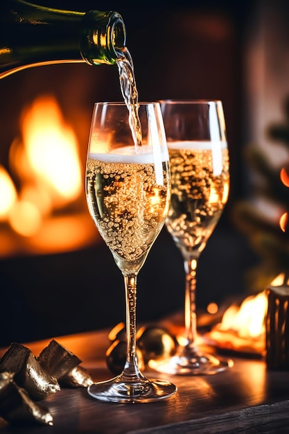 Champagne voor een open haard op een kerstavondviering Vrolijk kerstfeest Gelukkig nieuwjaar en fijne feestdagen wensen generatieve ai