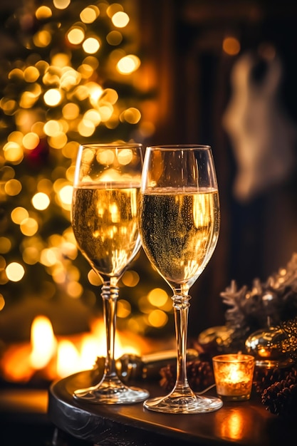 Champagne voor een open haard op een kerstavondviering Vrolijk kerstfeest Gelukkig nieuwjaar en fijne feestdagen wensen generatieve ai