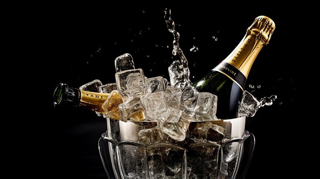 Champagne with ice on a black background