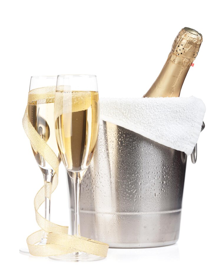 Champagnefles in ijsemmer twee glazen en kerstdecor