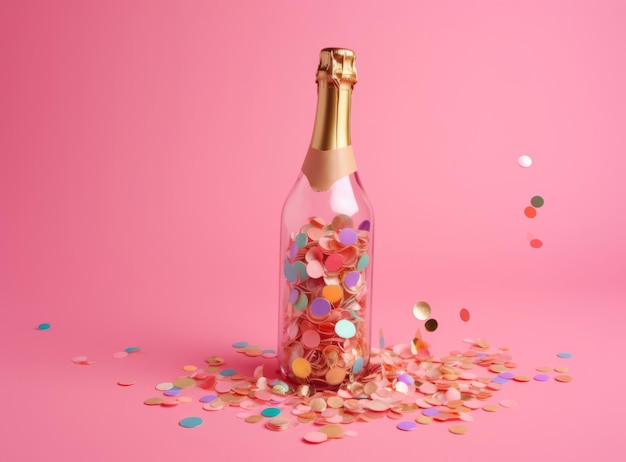 Champagnefles met confetti Illustratie Generatieve AIxD