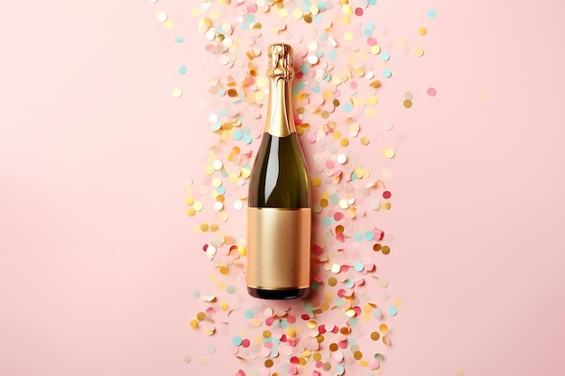 Champagnefles met confetti op pastel achtergrond Kerstmis of Nieuwjaar feest achtergrond met mousserende wijn viering concept Creatief plat lag bovenaanzicht met copyspace AI gegenereerde afbeelding