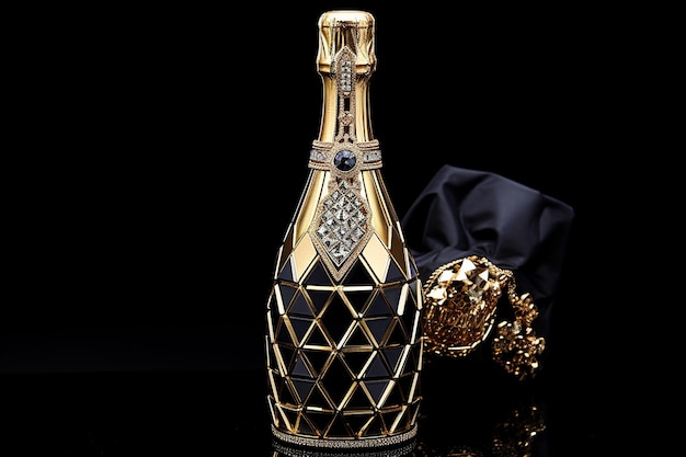 Foto champagnefles met diamanten op een donkere achtergrond