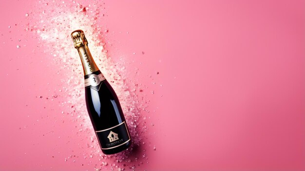 Champagnefles met sterretjes op een roze achtergrond