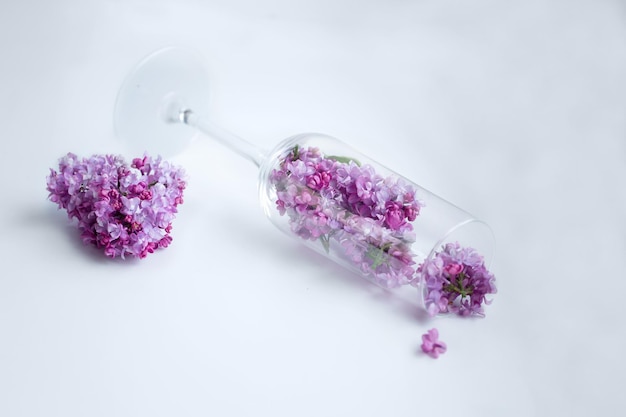 Champagneglas met lila bloemen Foto van hoge kwaliteit