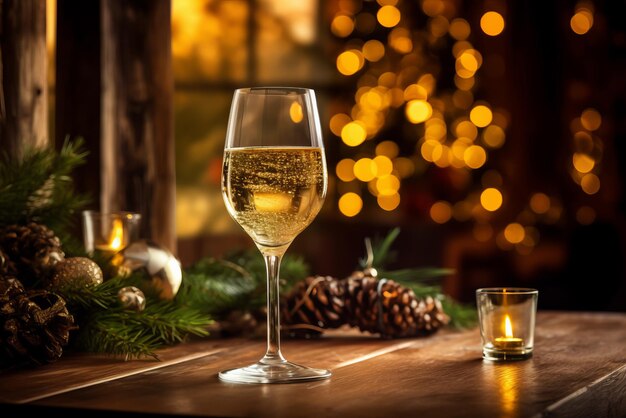 Foto champagneglas op houten tafel en kerstverlichting op de achtergrond generatieve illustratie van het vieren van kerstmis en nieuwjaar.