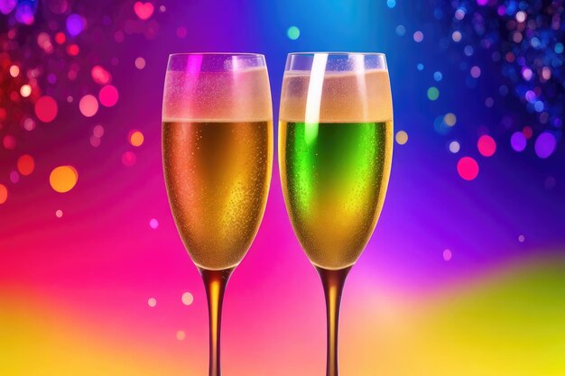 champagneglazen toasten op een abstracte regenboog achtergrond ai generatief