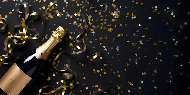 Champagnenfles op strijkers en gouden confetti bovenkant nieuwjaarsfeest en feesten