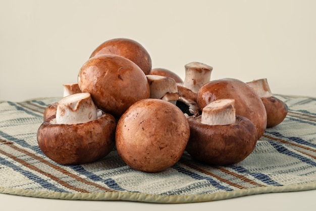 Champignon mushrooms on a towel Brown champignons on a light background