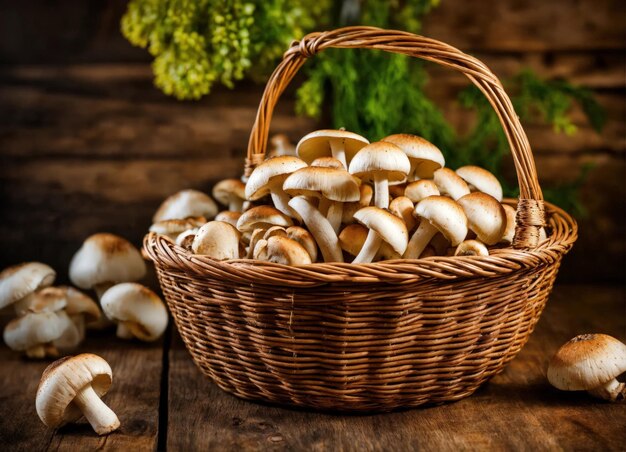 Champignon mushrooms in a wicker basket on a wooden table