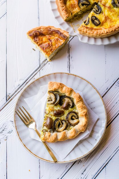 Champignon pie quiche op een keramische plaat op een witte houten achtergrond