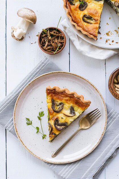 Champignon pie quiche op een keramische plaat op een witte houten achtergrond