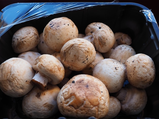 Champignons in black plastic packaging Brown champignons grown in a mushroom factory Mushrooms in an opened store packaging Closeup of mushrooms after defrosting Deformation and loss of elasticity