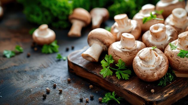 Champignons fresh mushrooms on cutting board