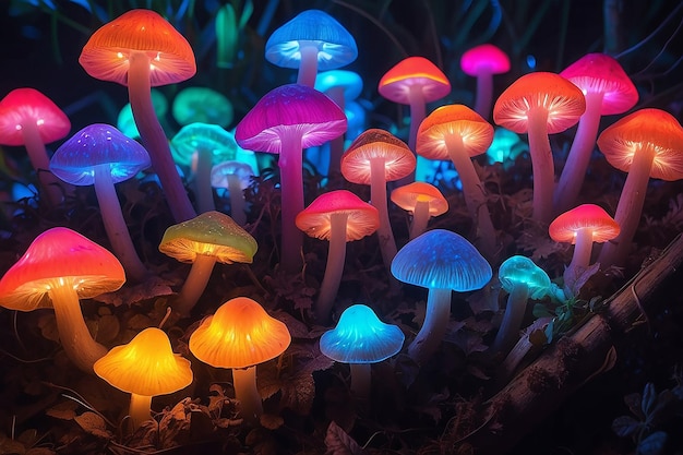Champignons gezien met intense felgekleurde lichten