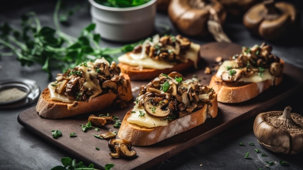 Champignons op een geroosterd brood met kaas en champignons