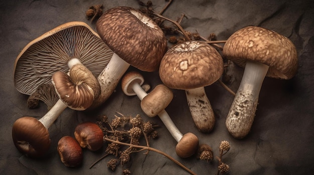 Champignons op een tafel met een paar blaadjes en een paar andere paddenstoelen