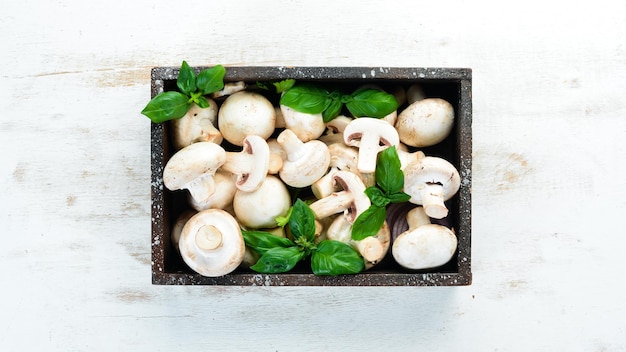 Champignons op een witte kooktafel Champignons Bovenaanzicht Vrije ruimte voor tekst