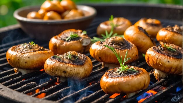 Foto champignons worden op de grill gebakken.