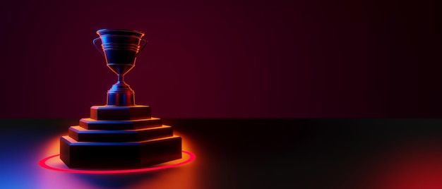 Champion cup award torneo videogioco di giochi di fantascienza rosso blu vs esports backgound vr simulazione di realtà virtuale e scena metaverse stand piedistallo stadio 3d rendering illustrazione