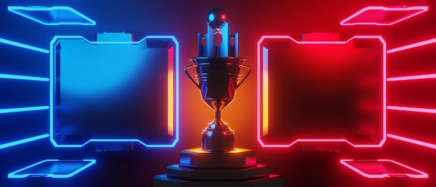 Champion cup award tournament video game of scifi gaming red blue vs esports backgound vr virtual reality simulation and metaverse scene stand pedestal stage 3d illustration rendering