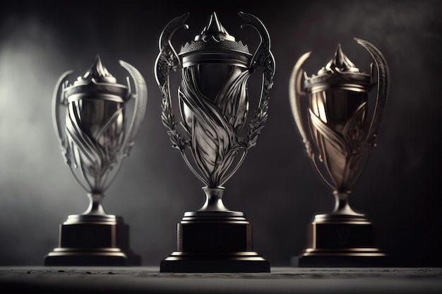 Champion golden and silver trophies placed on wooden table with dark background AI Generation